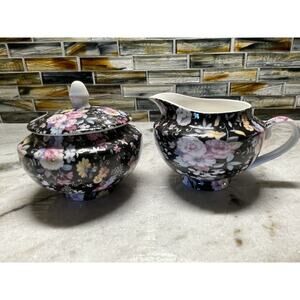 Stechcol Gracie China Black Floral Millefleur Creamer Pitcher & Sugar Bowl Lid